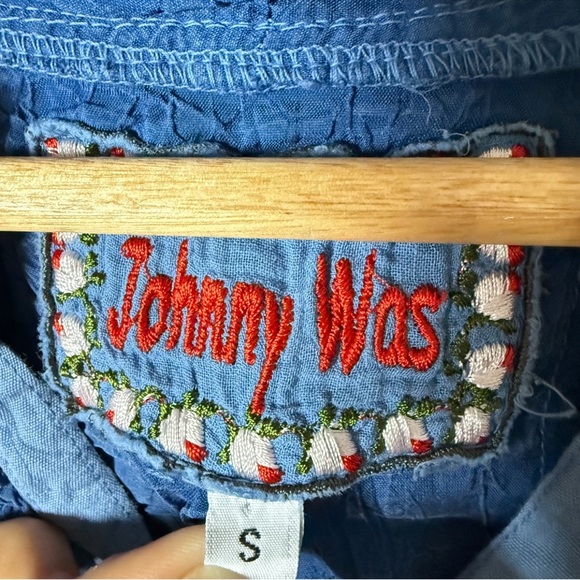 Johnny Was Blue Embroidered Boho Dress Smocked Bodice Long Sleeve Size S - Picture 4 of 5